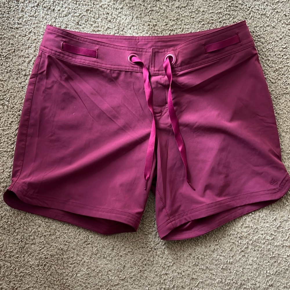 Prana Women’s Board Shorts Burgundy Small Velcro and ribbon tie